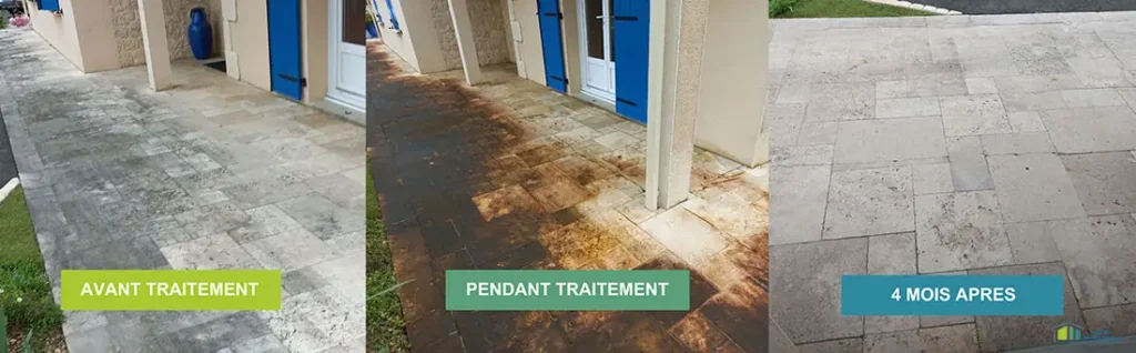 Intervention de nettoyage de terrasse en travertin à St-Barthélémy d’Anjou – Maine-et-Loire